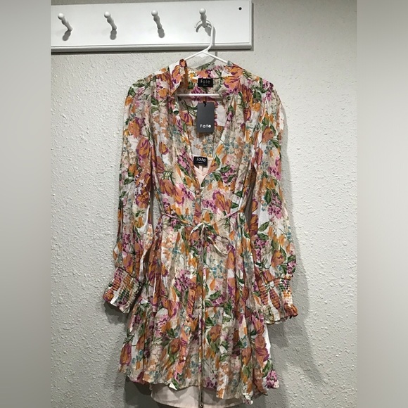 Fate: With Love Orange Floral Mini Dress Size M NWT Pink Long Sleeve Ruffle Boho - Picture 10 of 13